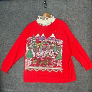 Women's UGLY Christmas Sweater Scene Turtle Neck Long Sleeve Red Sweatshirt Xl